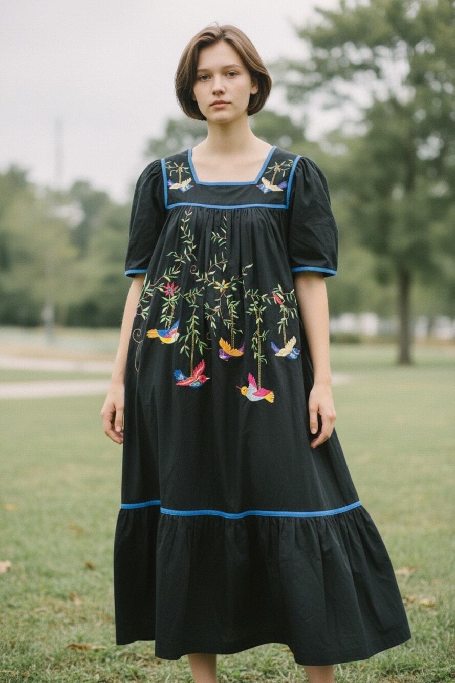 Vintage Smithsonian Institution embroidered bird patio dress muumuu